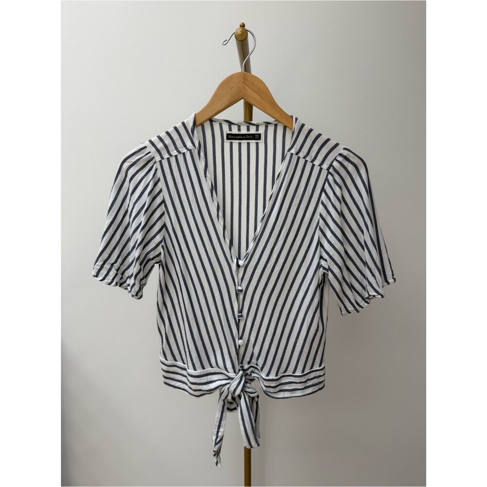 Abercrombie & Fitch Navy and White Striped Tie-Front Blouse